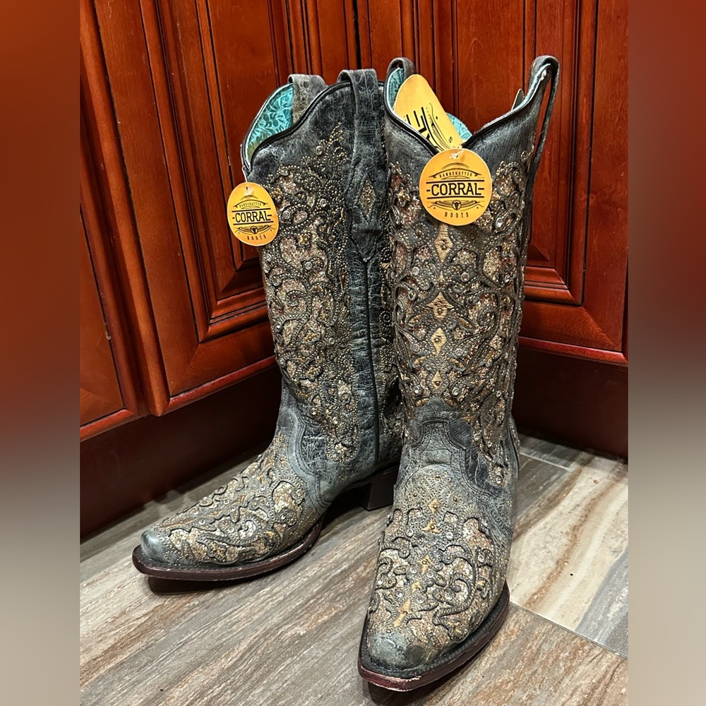 Corral A4231 Gray Gold Glitter Crystal Rhinestone Cowboy Boots Cowgirl Rodeo - Picture 4 of 9